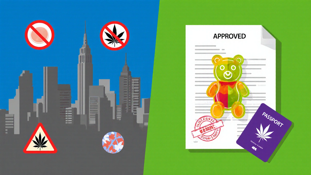 Ilustrace kontrastu mezi zakázanou žvýkačkou a legální cannabisovou guminou.