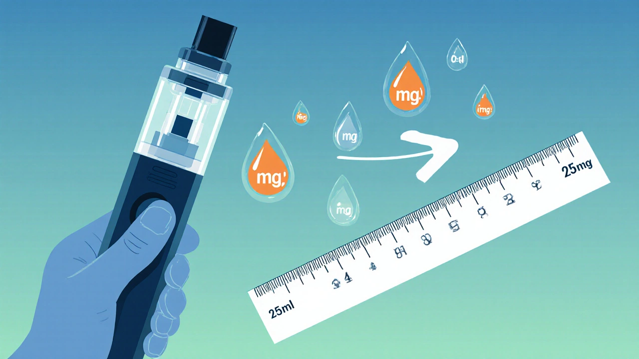 Ilustrace výpočtu dávky CBD: vape, kapky mg, pravítko 0,05 ml a šipka spojující je.