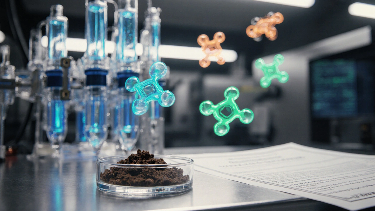 Laboratorní scéna s analytickým přístrojem a molekulami terpenů.