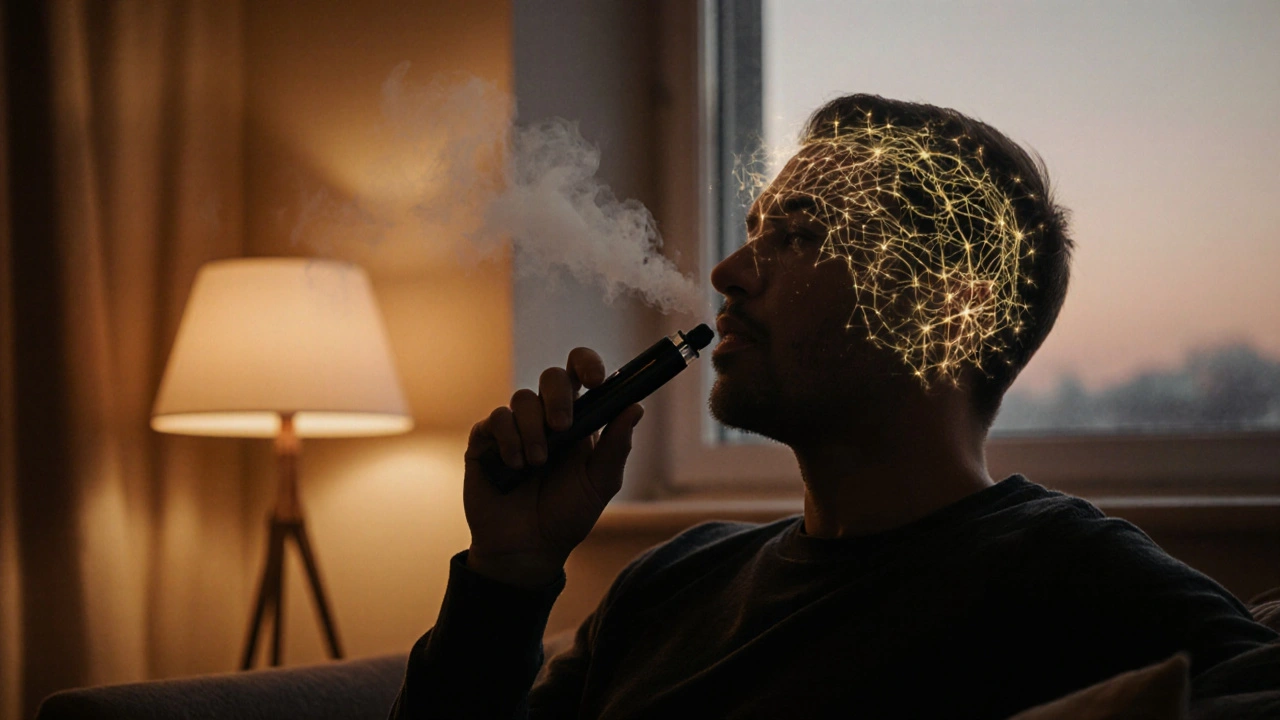 Osoba v útulném pokoji inhaluje z CBD vaporizéru, kolem hlavy svítí jemná aura.