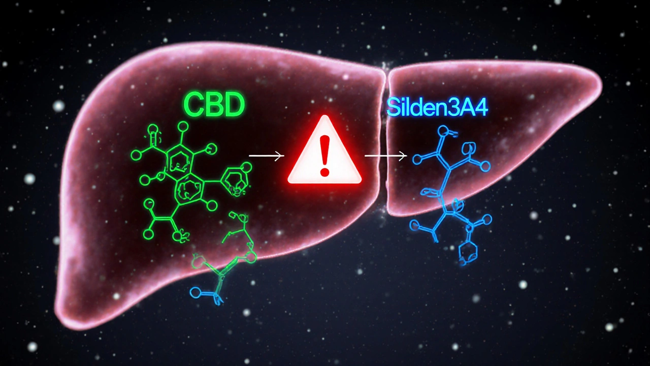 Biochemické cesty CBD a Viagra v játrech se překrývají, označené varovným symbolem.