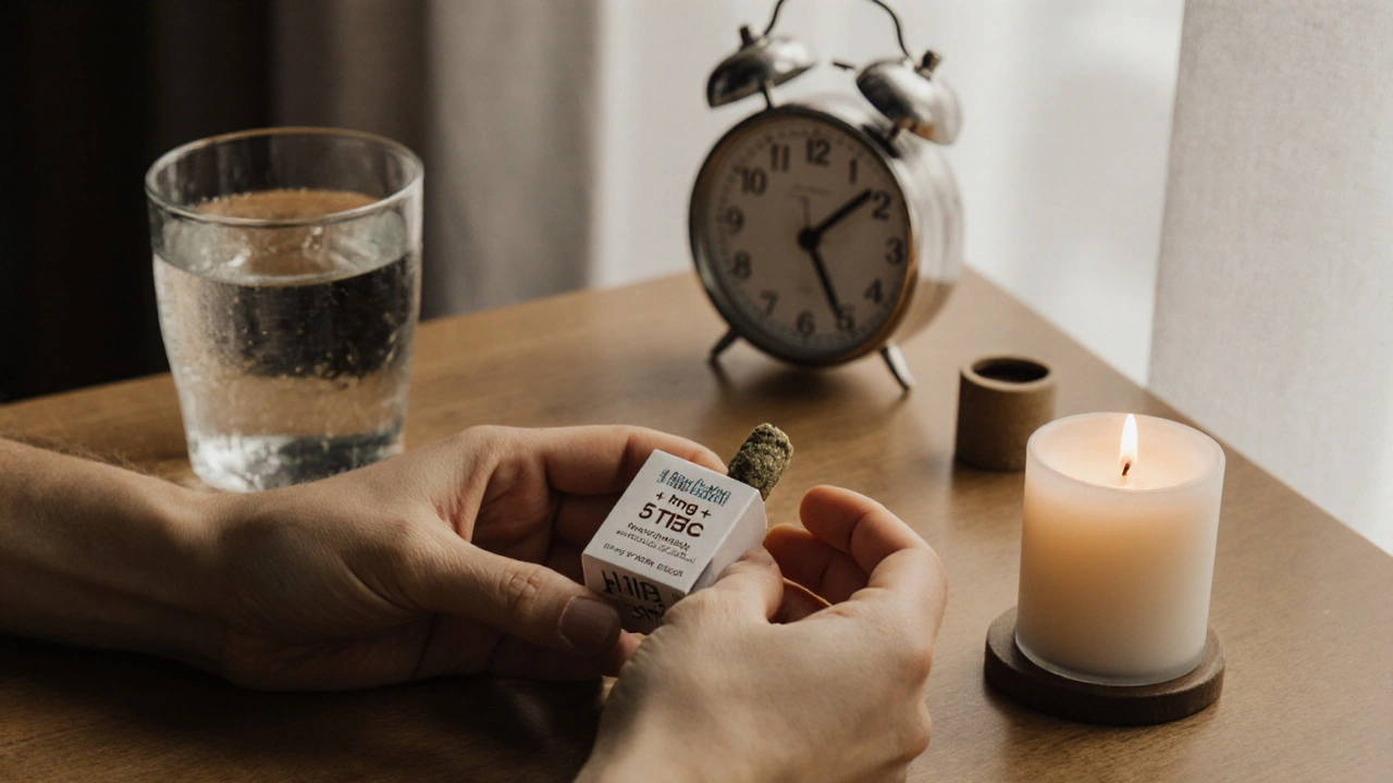 Dvě kandýlky na stole – jedna s 5 mg THC a CBD, druhá s 10 mg THC – vedle sklenice vody a svíčky, klidné osvětlení.