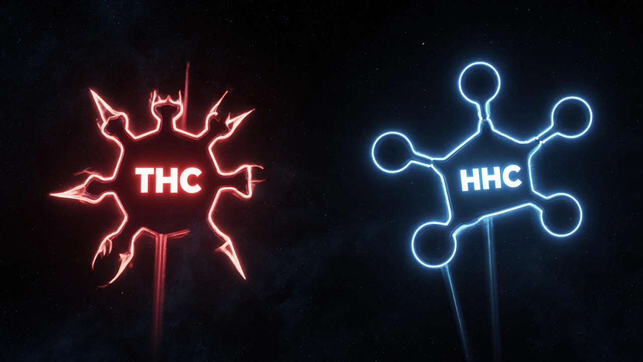 Molekulární struktury THC a HHC vedle sebe, symbolizující chemickou transformaci.