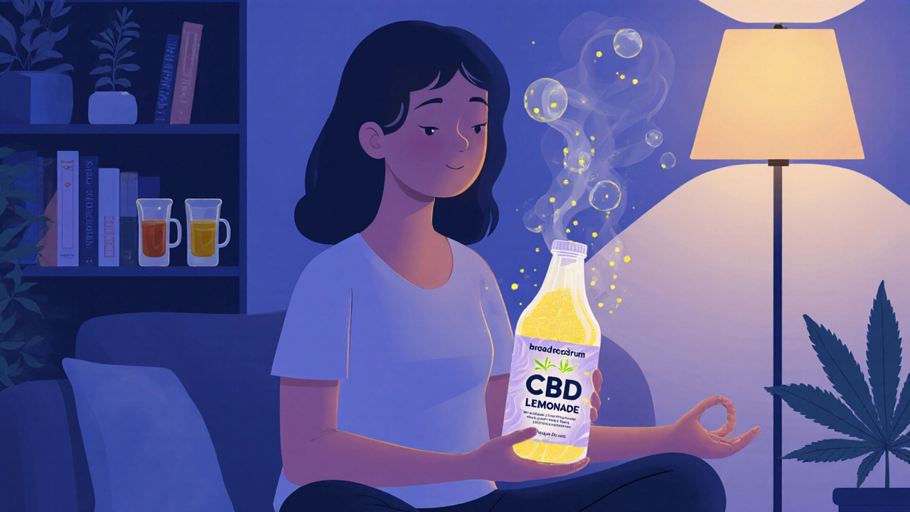 Osoba medituje ve večerním prostředí s CBD limonádou.
