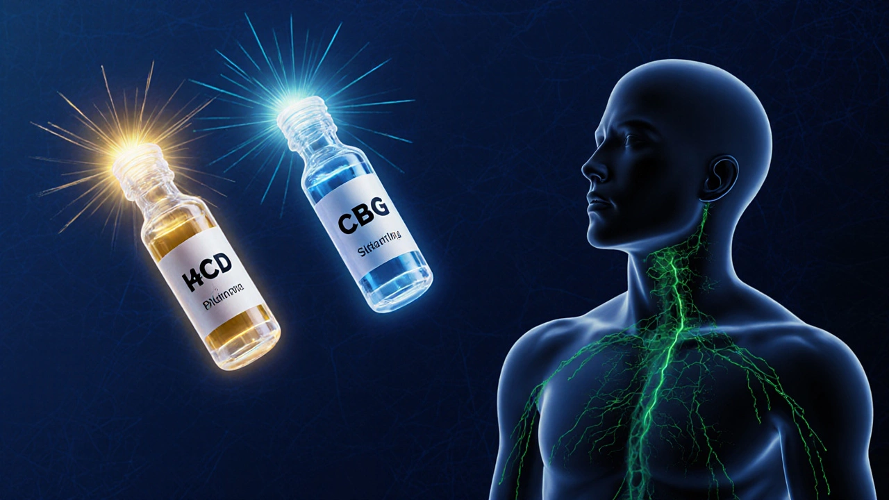 Tři svítící lahvičky s H4CBD, CBD a CBG ovlivňují nervové cesty těla.