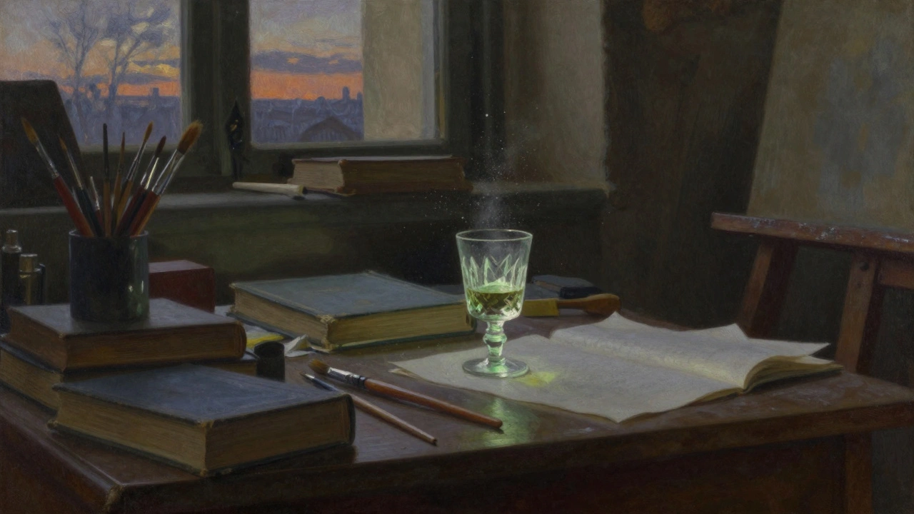 Atmosférický obraz umělcova ateliéru s absintem a kresbami ve večerním světle.