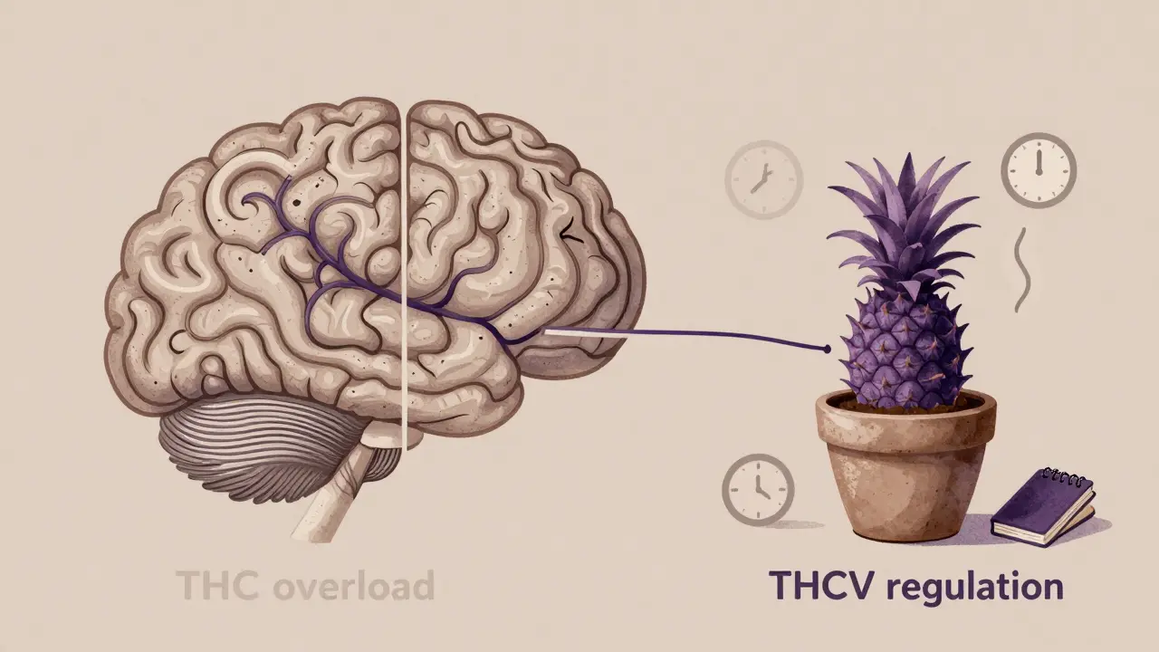 Ilustrace mozku: chaos z THC na jedné straně, klid s THCV na druhé, s rostlinou Purple Pineapple THCV.