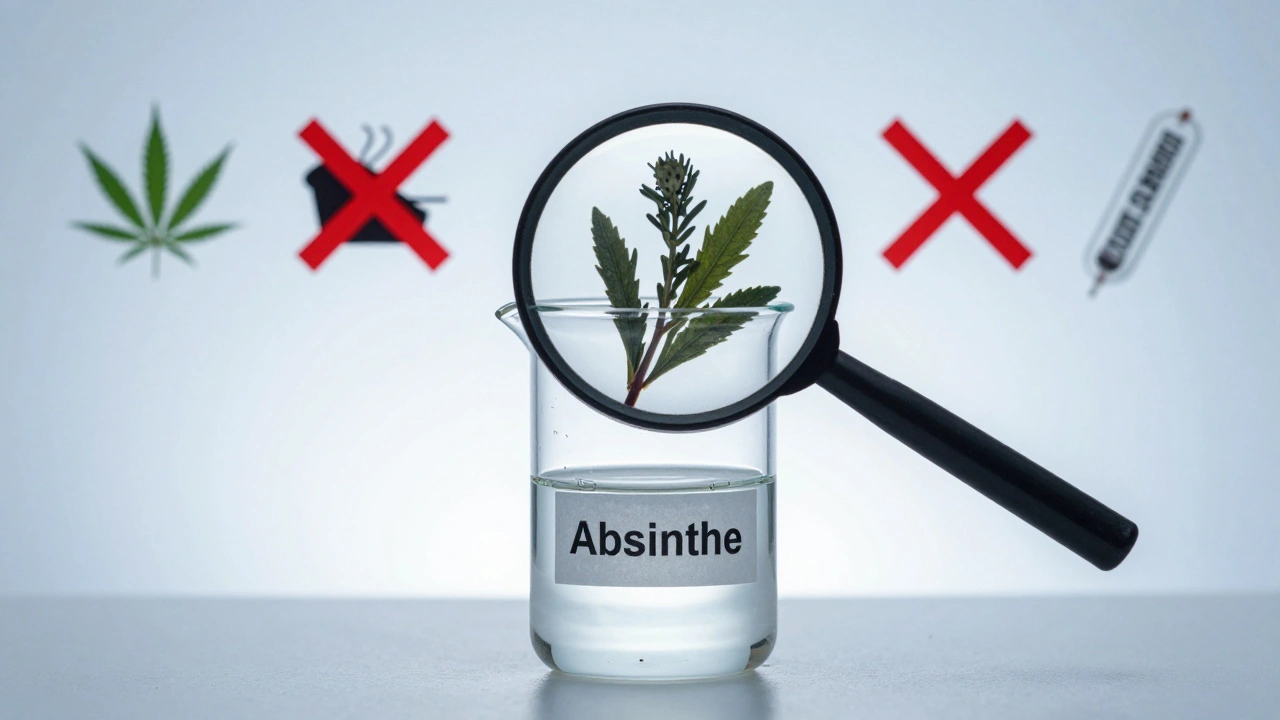 Laboratorní vizualizace absintu s vyloučením drogových látek v pozadí.