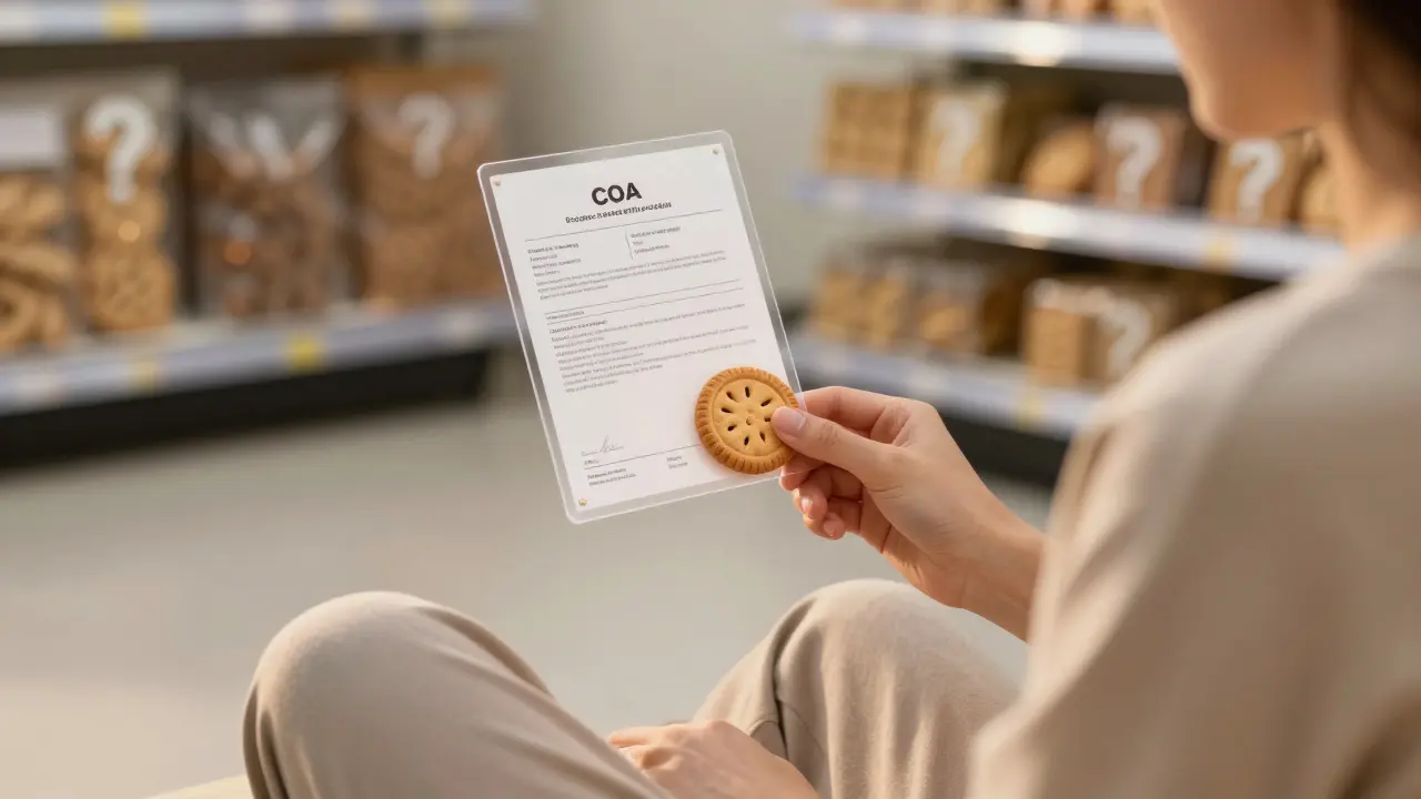 Osoba drží CBD sušenku, vedle ní průhledný certifikát analýzy.