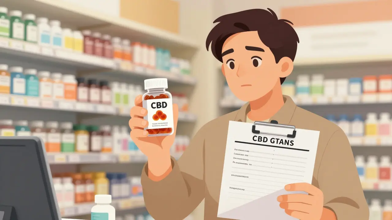Osoba hodnotí láhev CBD gumiček v české lékárně s laboratorním výsledkem v ruce.