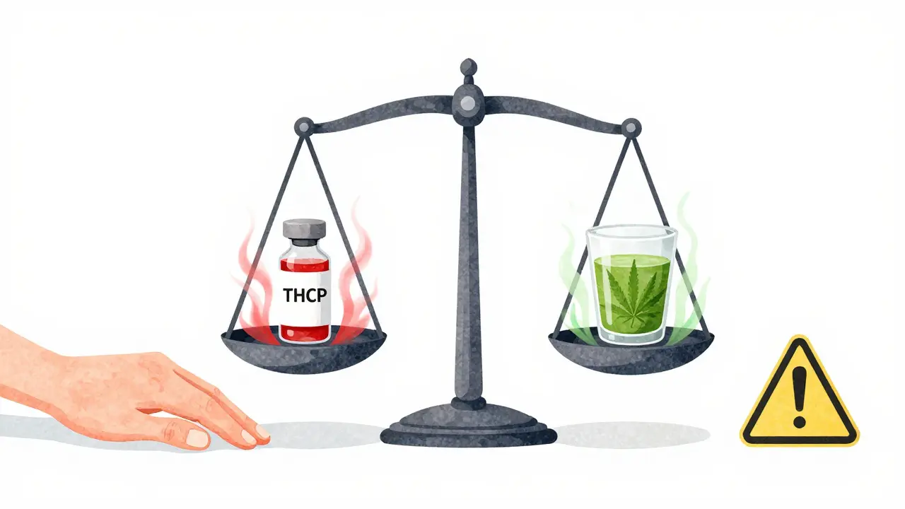 Váha s THCP a THCA, jedna strana s intenzivní energií, druhá s léčebnými vlnami.