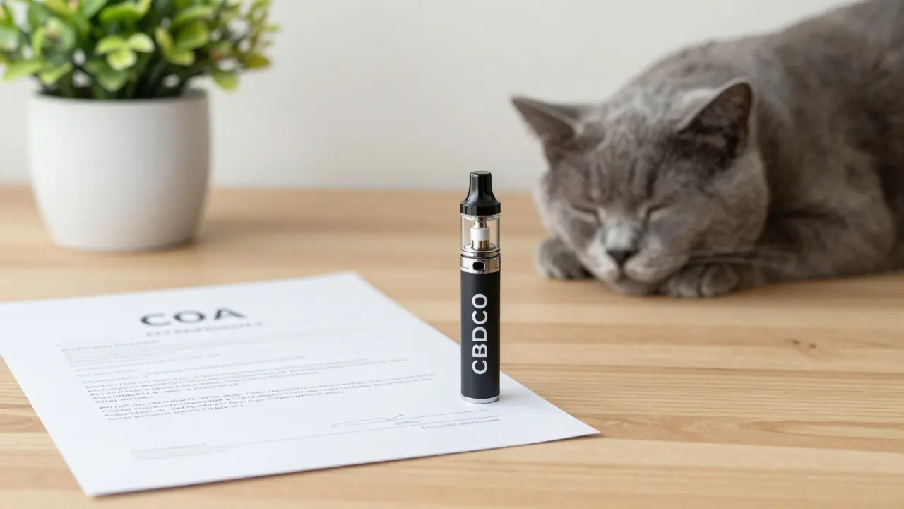 CBD vape na stole vedle certifikátu čistoty a spící kočky.
