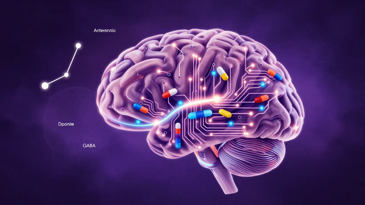 Kresba lidského mozku s proudy neurotransmiterů a molekulami léků, jako součást nervové sítě.