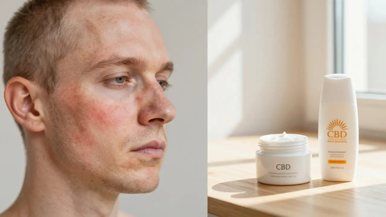Porovnání podrážděné a klidné pokožky s CBD krémem a ochranou proti slunci.