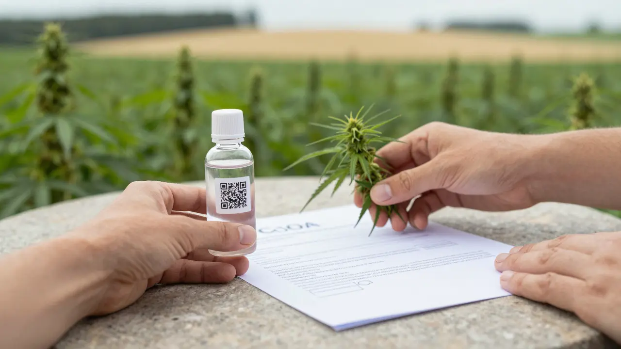 Ruky drží láhev CBD s QR kódem a certifikátem analýzy