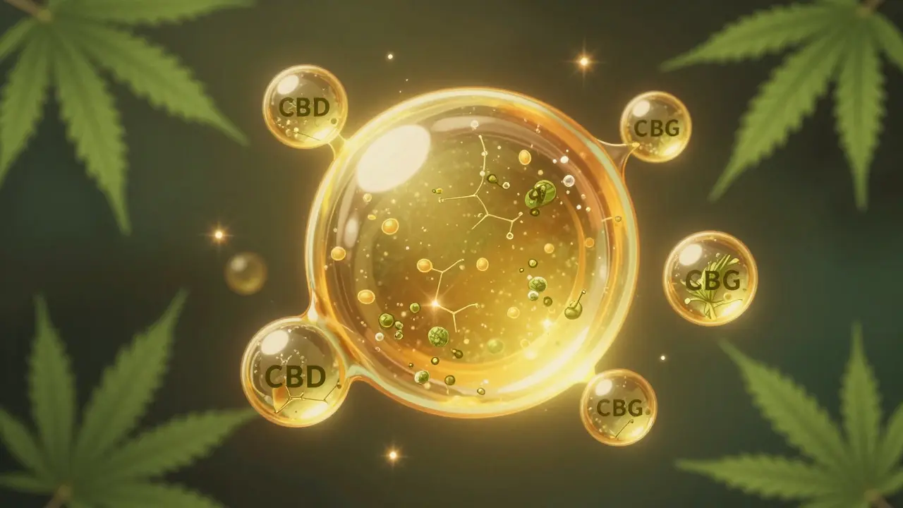 Zvětšené kapky CBD oleje s viditelnými kanabinoidy a terpeny