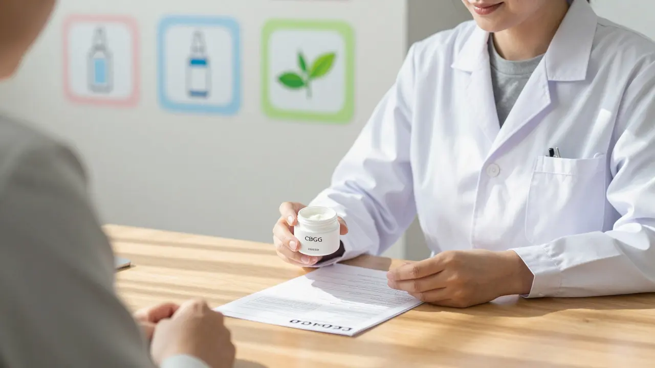 Dermatolog drží krém s CBG a seznam léků, vedle nich bezpečnější alternativy.