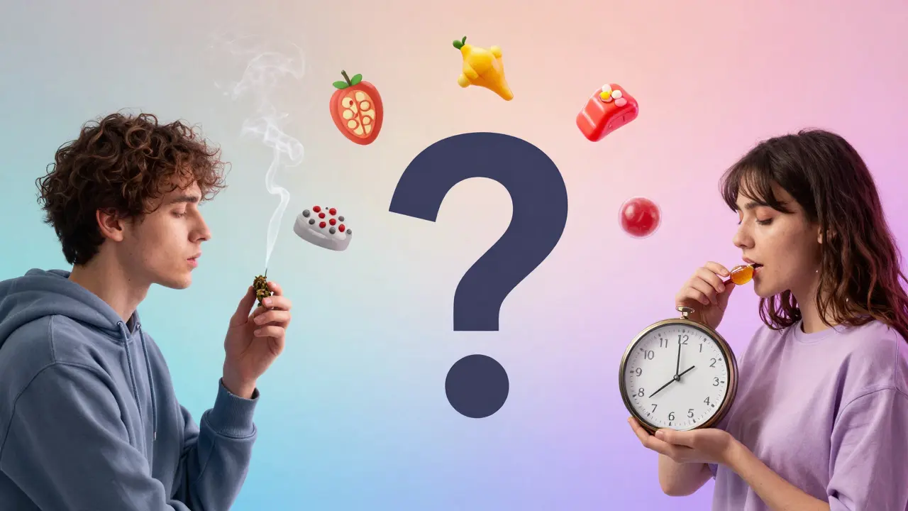 Dvě cesty: kouření vs. konzumace cukru z konopí, časové rozdíly symbolizovány hodinkami.