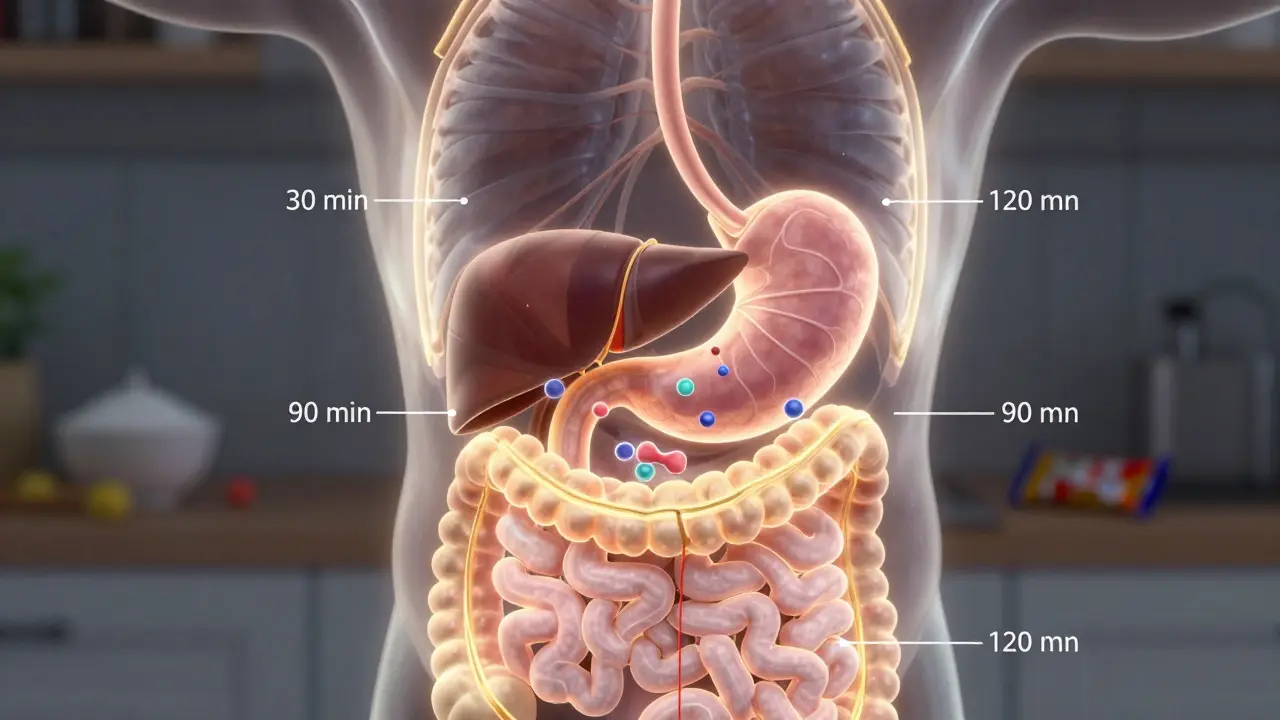 Glowing schematic of THC traveling through digestive system with time markers.