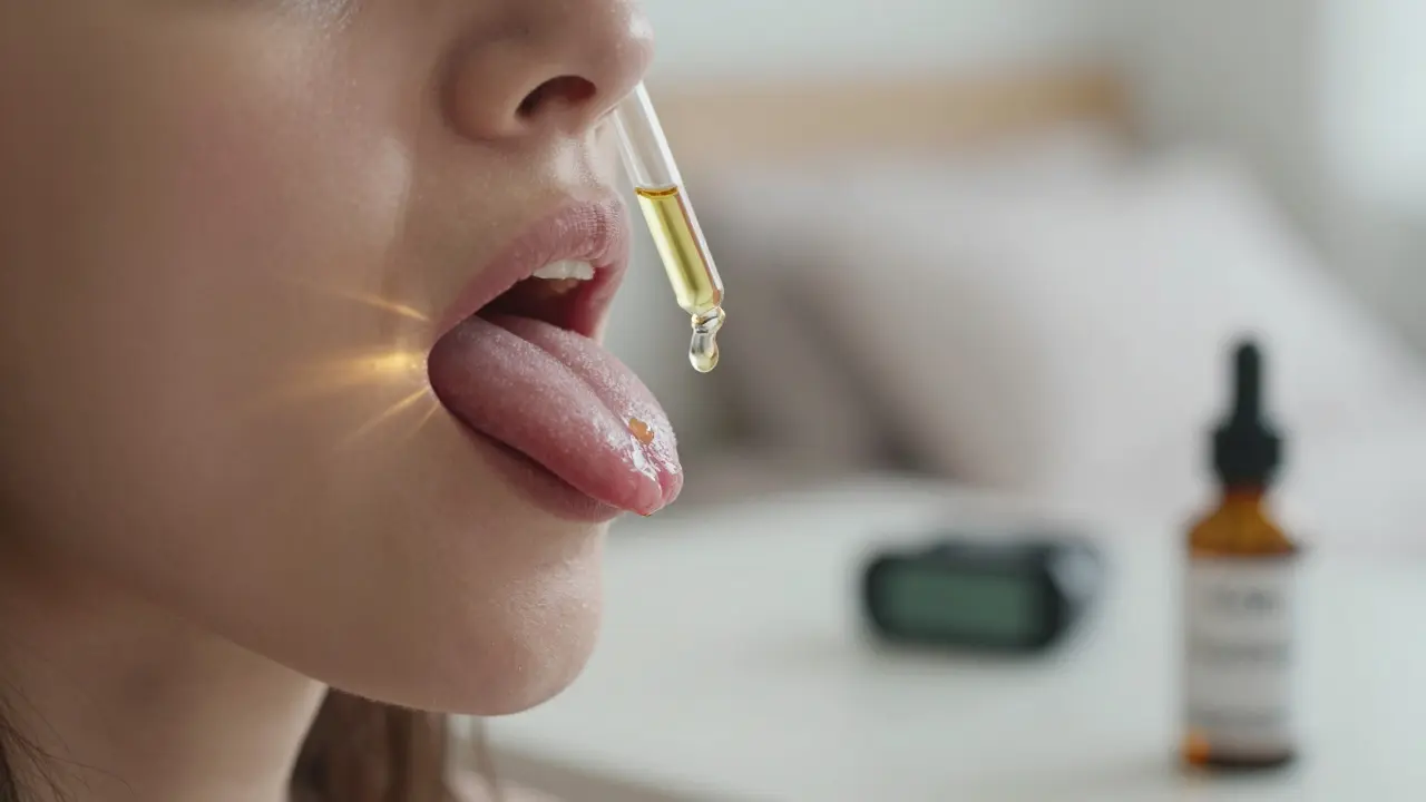 Kapka CBD oleje pod jazykem při klidném vstávání.