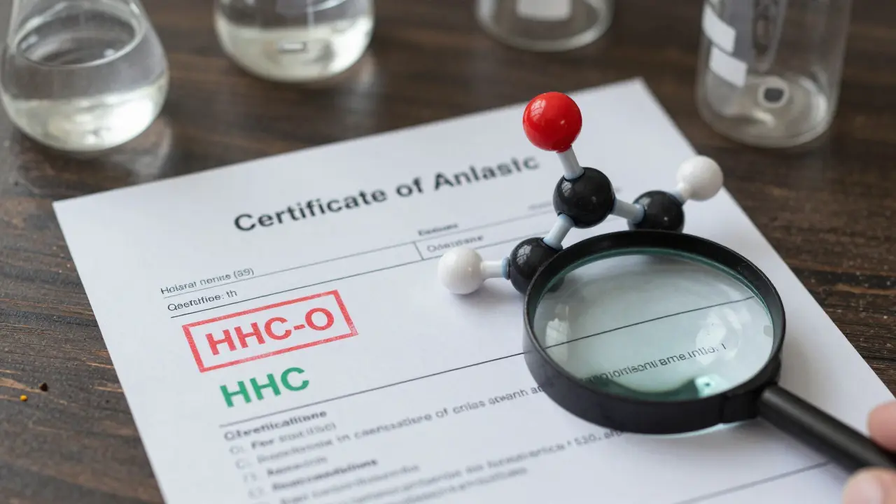Laboratorní výsledek s červeným varováním pro HHC-O a zeleným potvrzením pro HHC, s chemickými nádobami kolem.