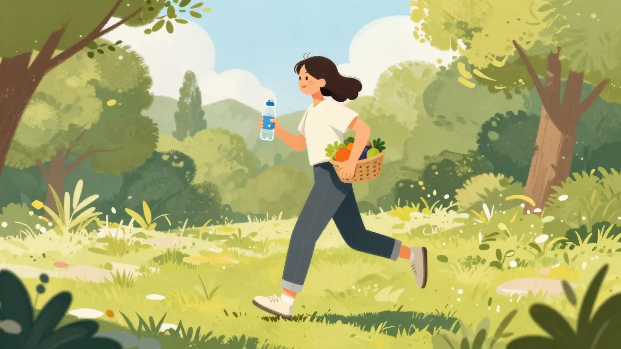 Osoba běžící v parku s láhví vody a ovoce pro detoxikaci těla.