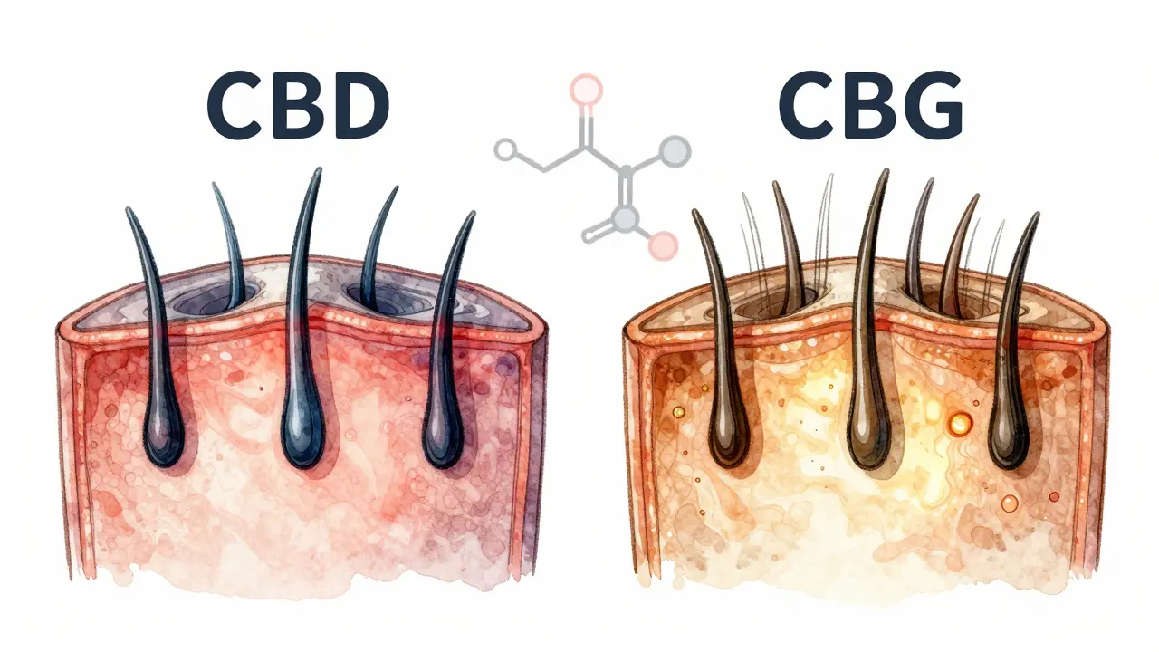 Porovnání CBD a CBG na úrovni vlasového folikulu: CBD snižuje zánět, CBG aktivuje růst.