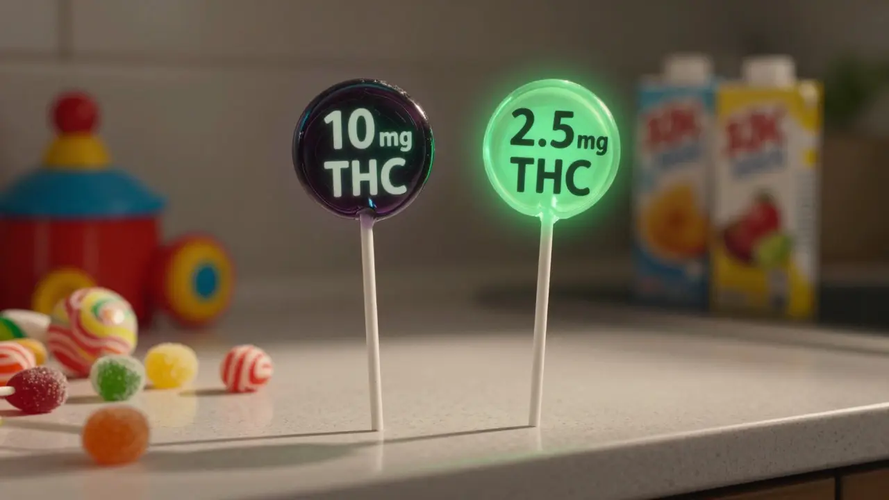 Dva lollipops vedle sebe: jeden s vysokou dávkou THC v temném světle, druhý s nízkou dávkou v jemném zeleném světle, vedle běžných sladkostí.