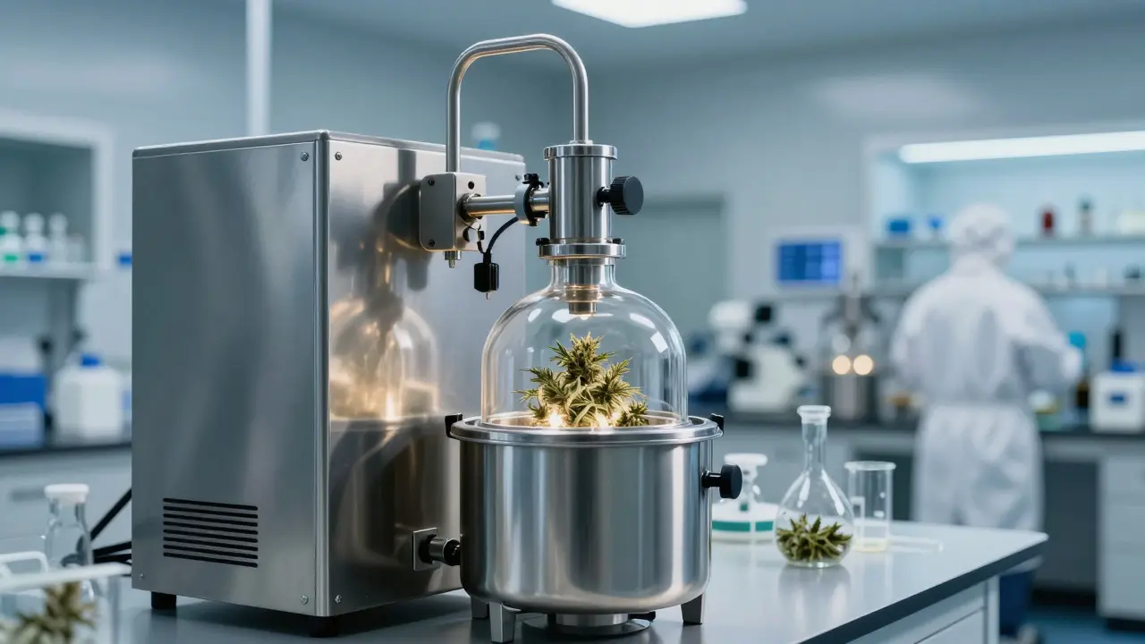 Laboratoř s přístroji pro extrakci kanabinoidů.