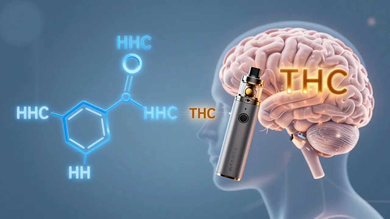 Molekulární struktura HHC a THC vedle vape zařízení s neviditelnými cestami do mozku.