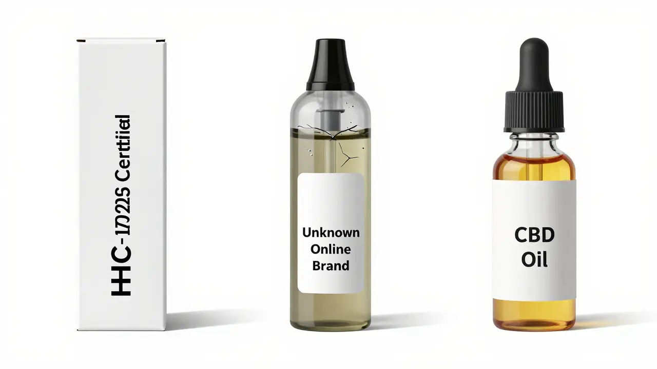 Tři vape náplně: certifikovaná, neznámá a CBD, s důrazem na rozdíly v kvalitě.