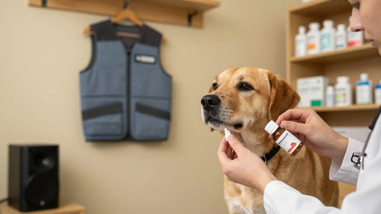 Veterinář podává psu přesnou dávku čistého diphenhydraminu, za ním visí záchranná vesta a hrají se zvuky bouřky.