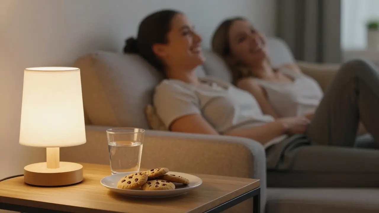 CBD sušenky na stole v útulném interiéru s relaxující pár v pozadí.