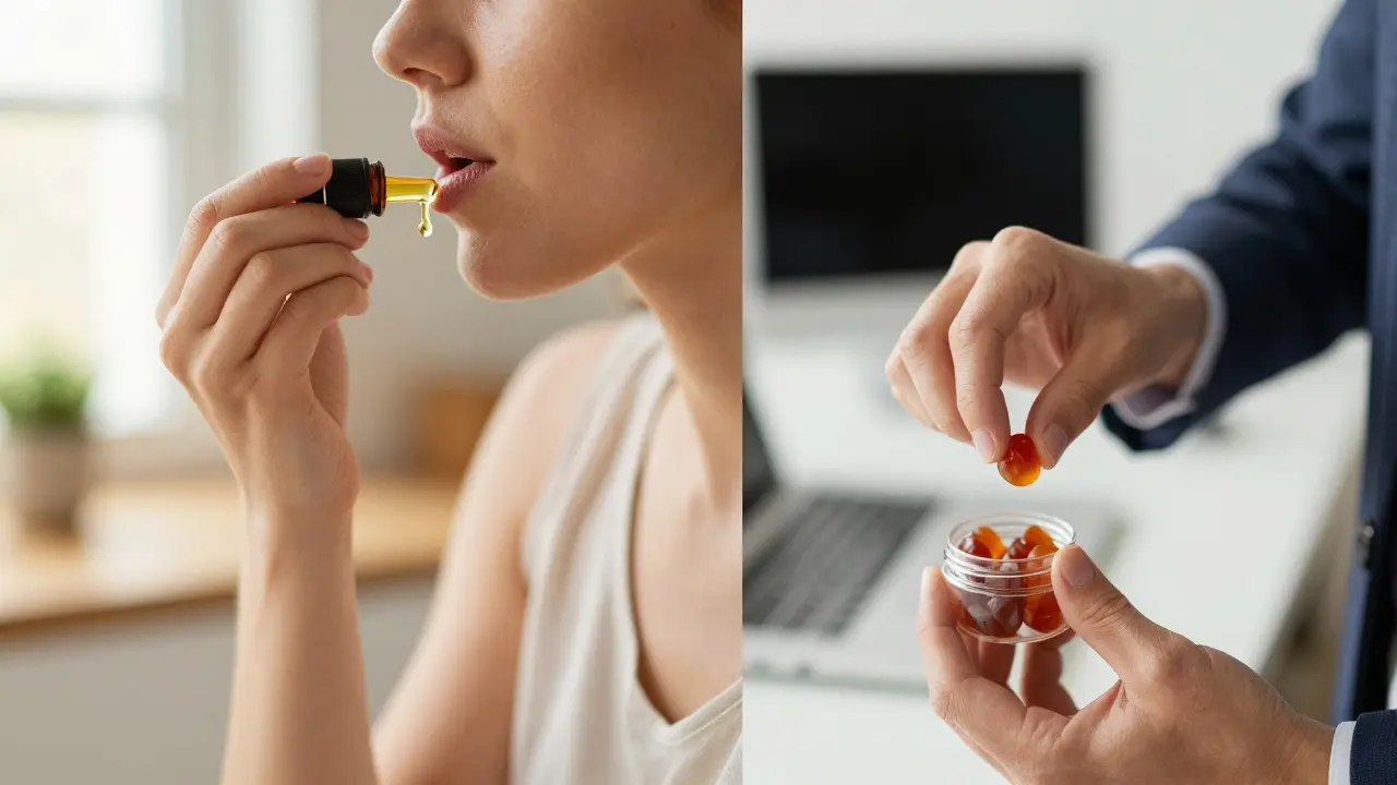 Kombinace užívání CBD oleje ráno doma a CBD gummies během dne v práci.