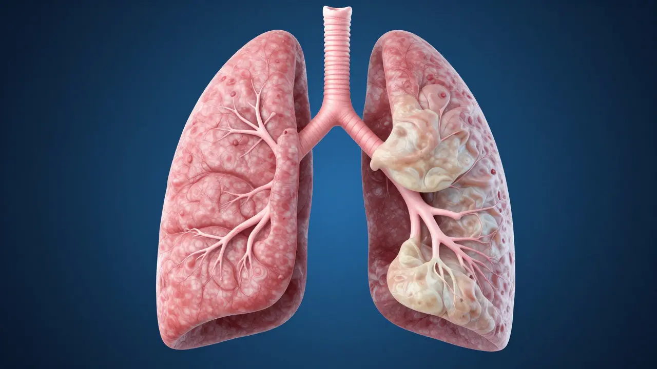 Konceptuální 3D model plic znázornující zdravou tkáň a jizvování při popcorn lung.