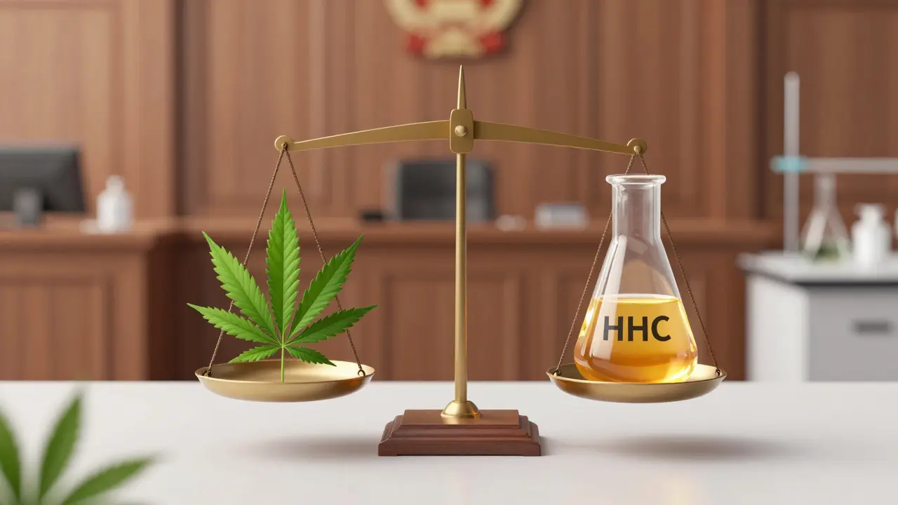 Konceptuální váha s konopným listem a laboratorní baňkou symbolizující právo.