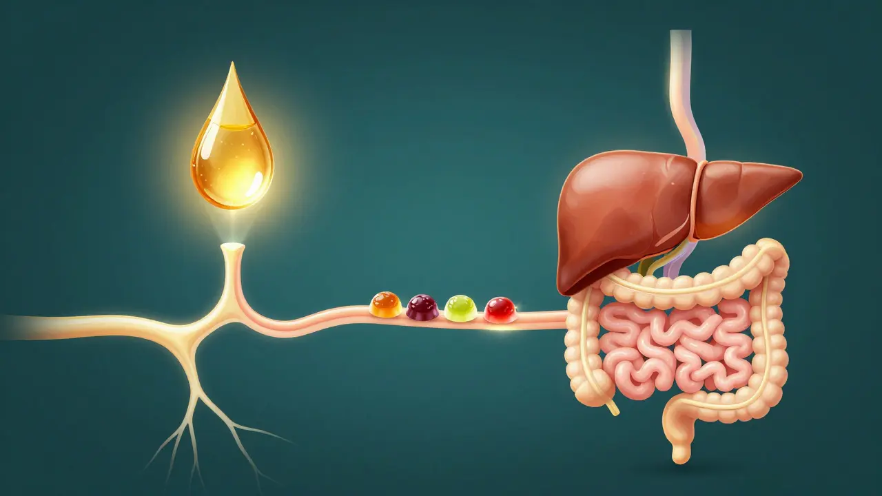 Konceptuální znázornění vstřebávání CBD oleje a CBD gummies do těla.