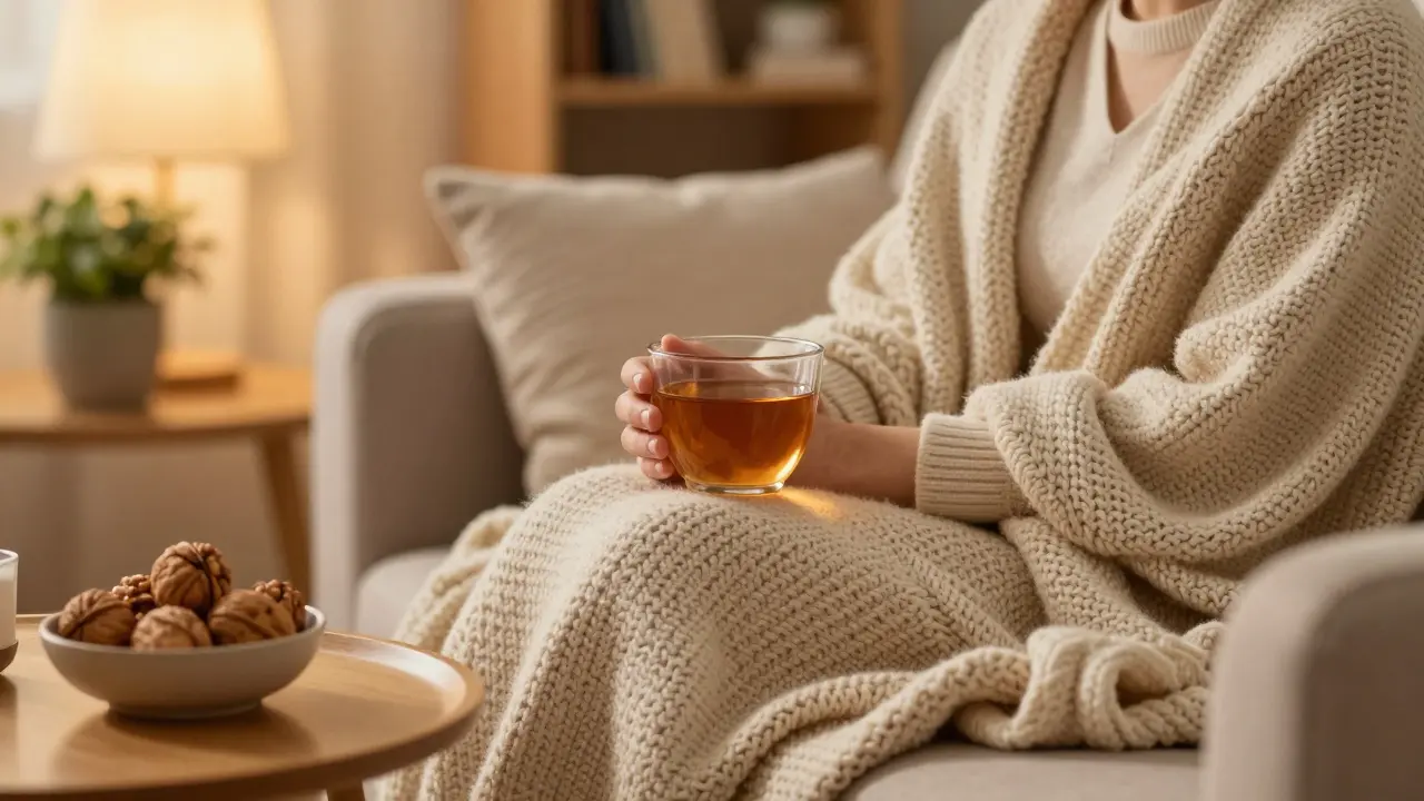Osoba relaxující na pohovce s hoblánkem ořechů v útulném prostředí.