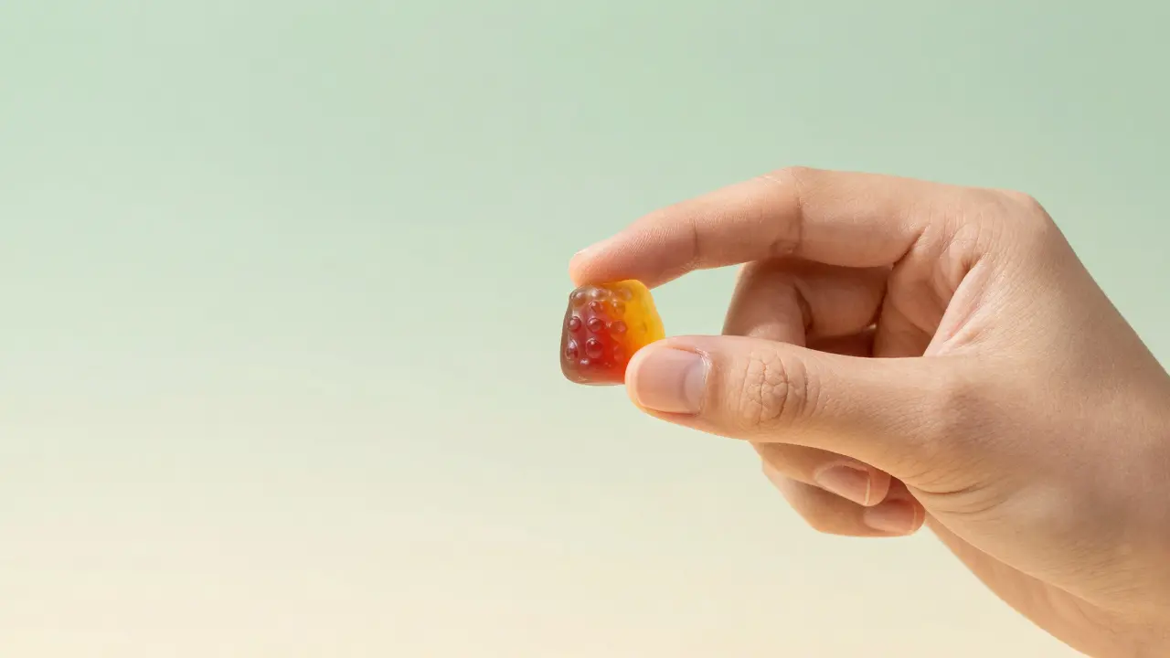Ruka dělící CBD bonbon na polovinu pro snížení dávky.