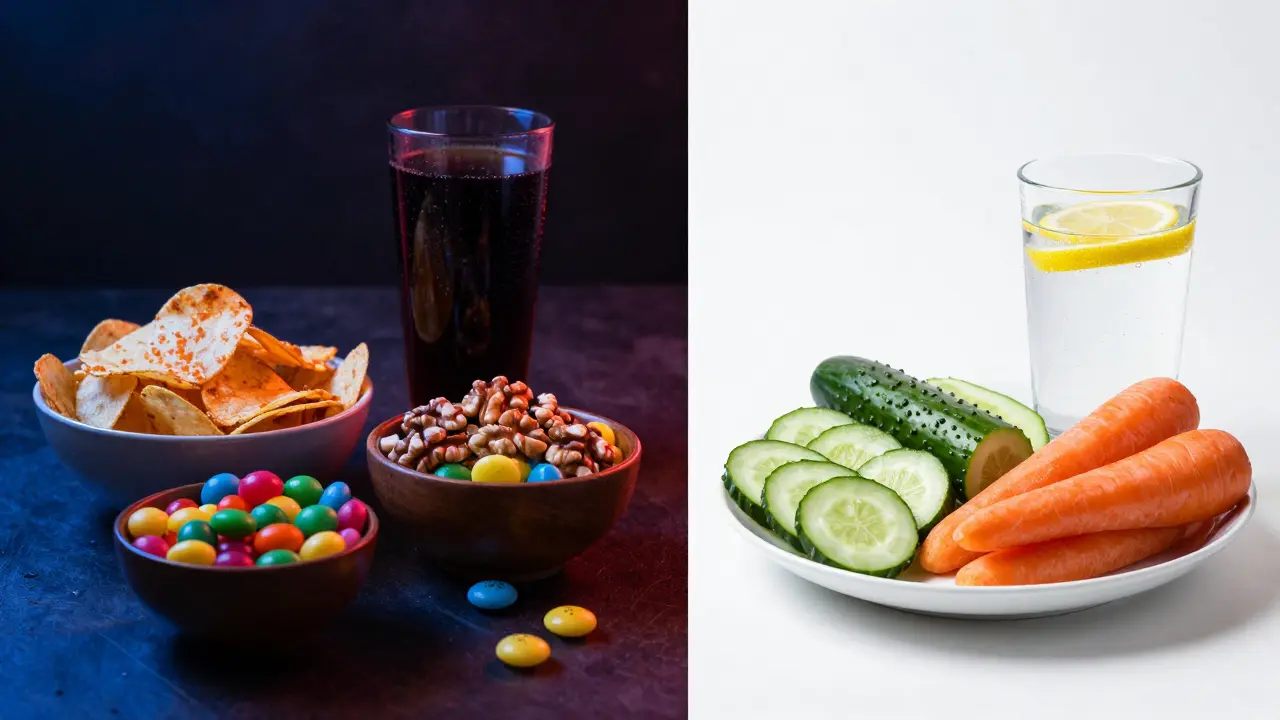 Srovnání nezdravých chipsů a sladkostí s čerstvou zeleninou a ořechy.