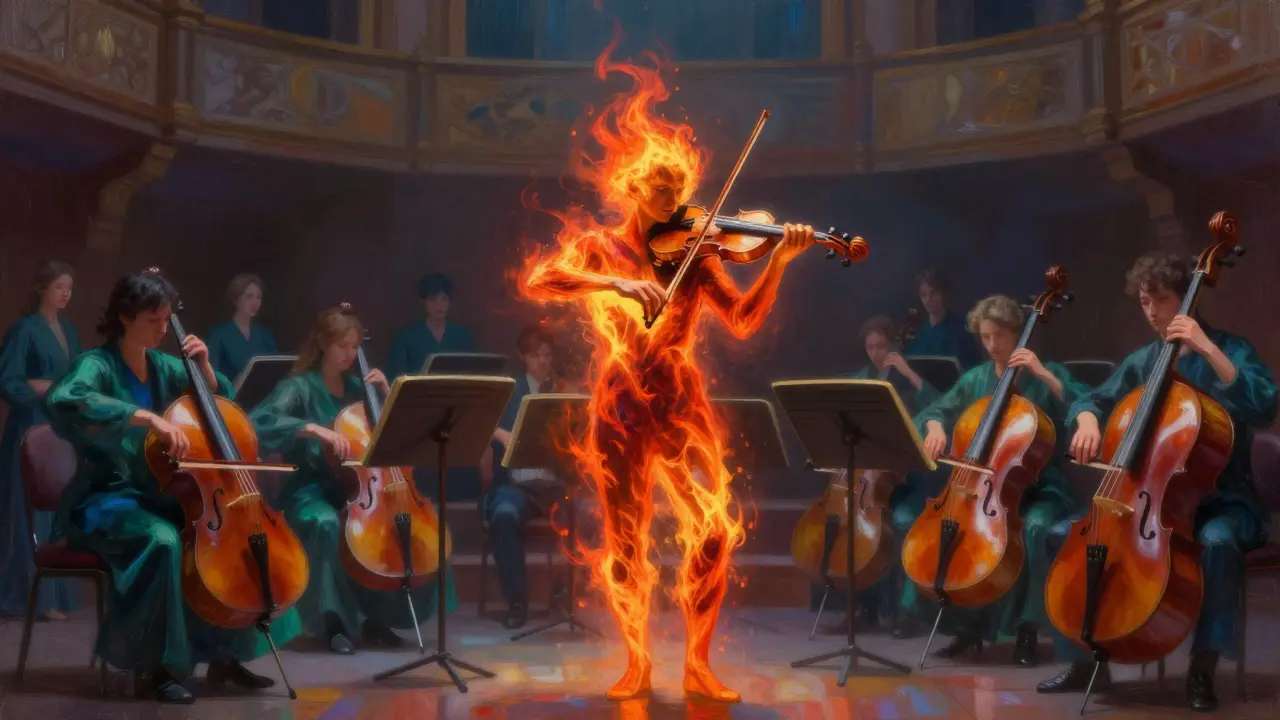 Abstraktní umění zobrazující entourage efekt jako harmonický orchestr s houslemi a basy.