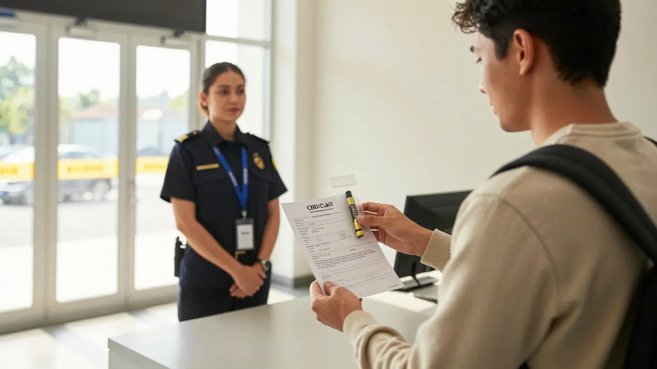 Cestující předkládá certifikát k legálnímu CBD produktu