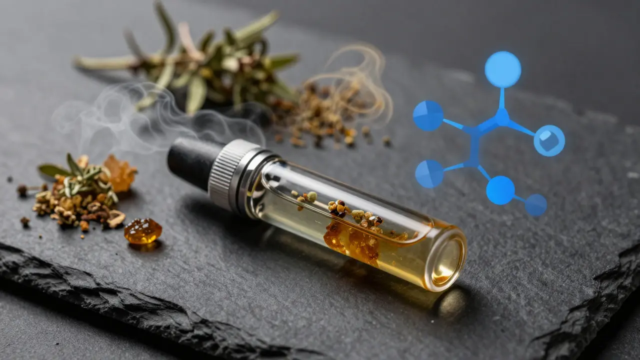 Detailní záběr CBD vapky s vizualizací terpenu a molekul