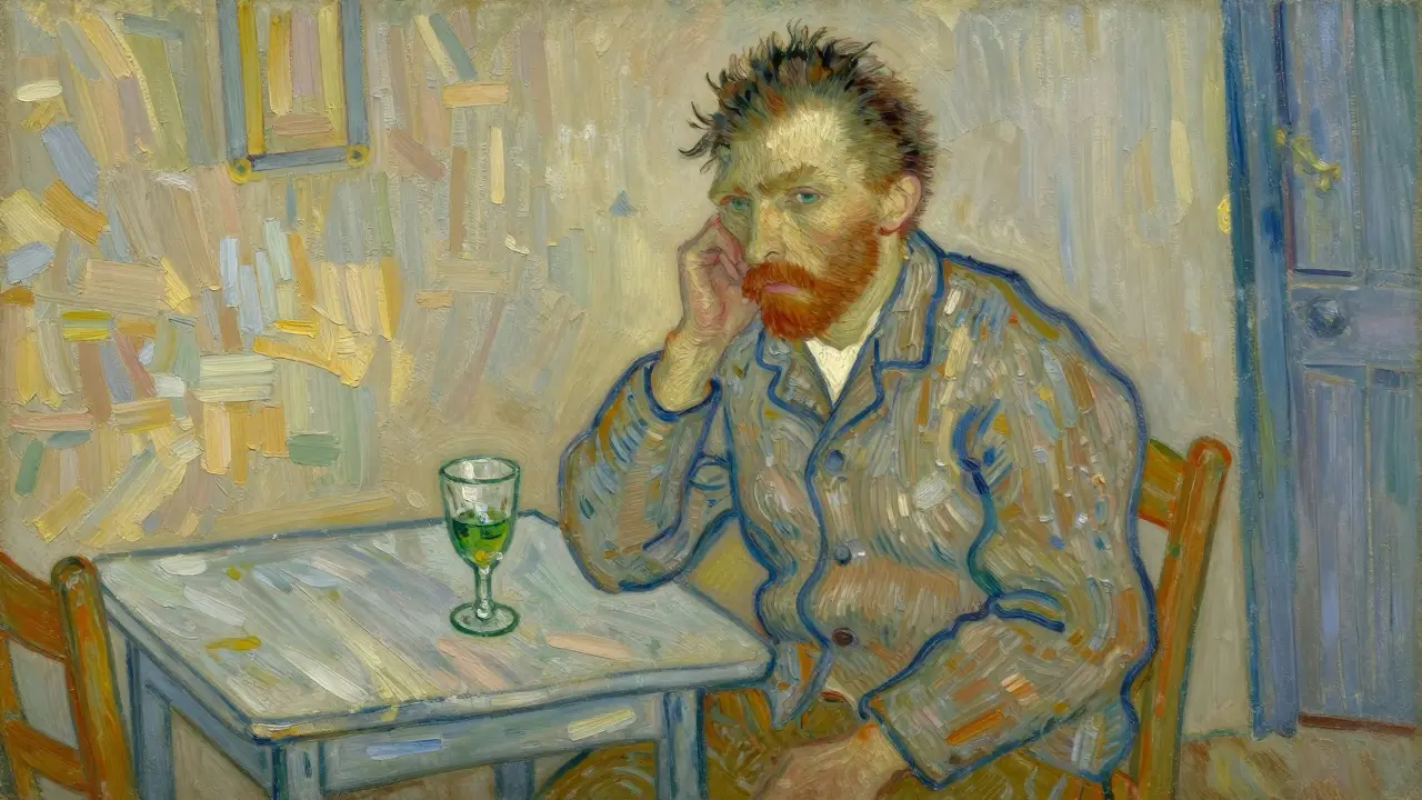 Impresionistický obraz Van Gogha pijícího absint