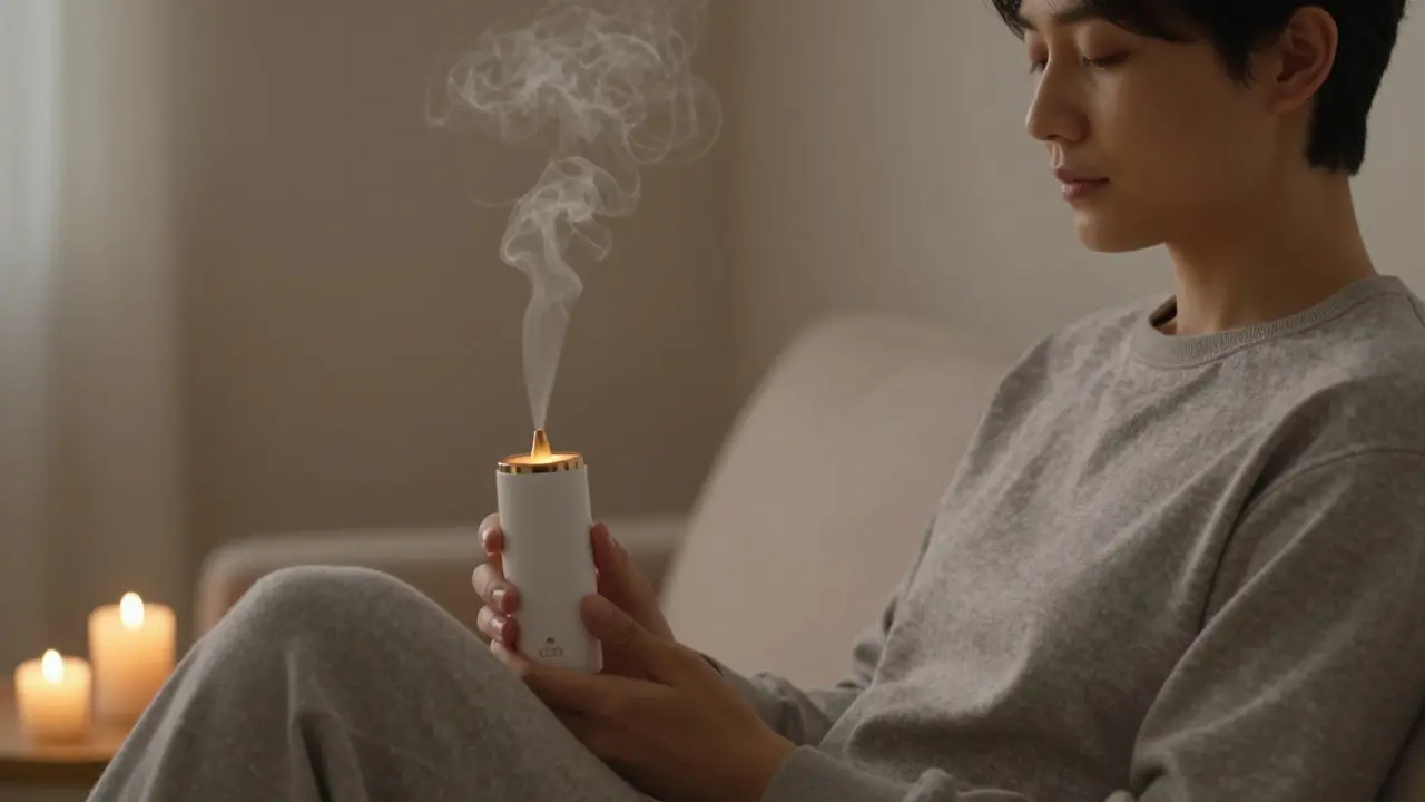 Klidná scéna člověka používajícího vaporizér pro relaxaci a úlevu od stresu.