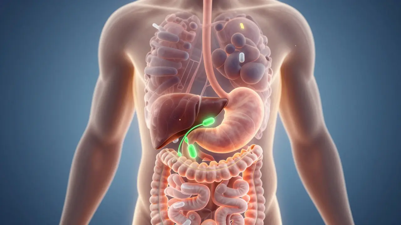 Konceptuální ilustrace trávení CBD v těle a metabolizace játry