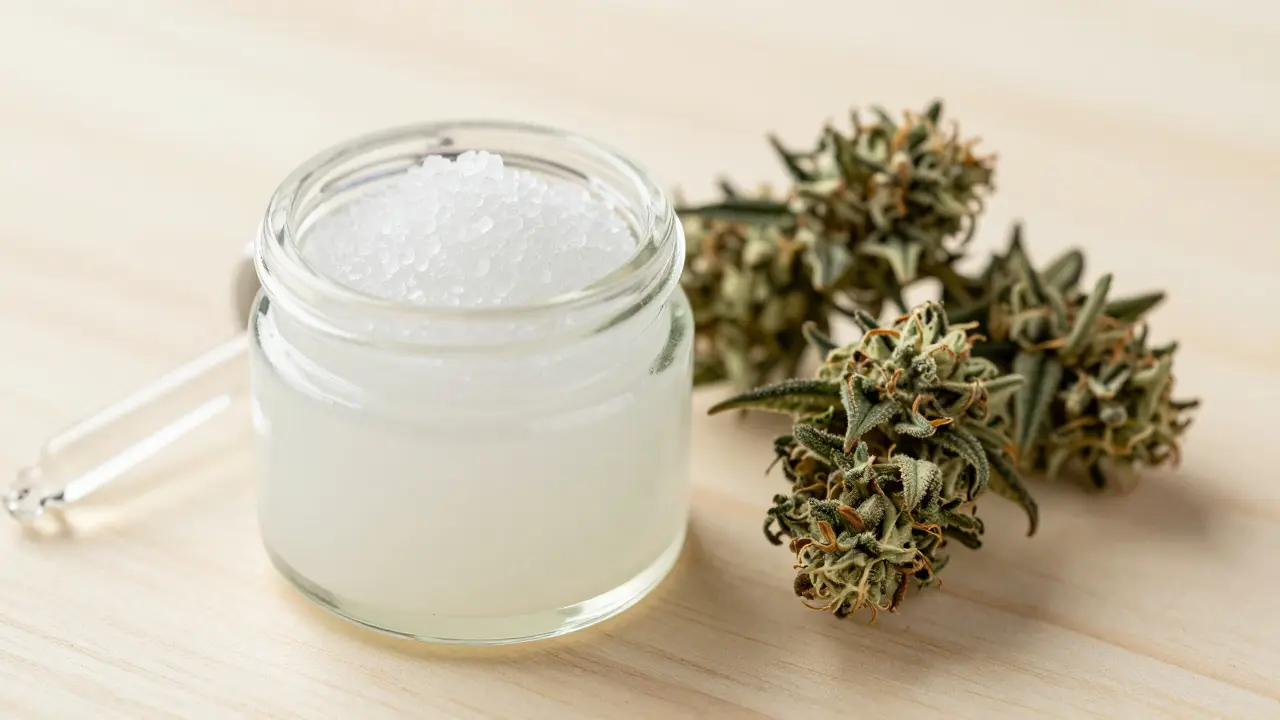 Křišťálový CBD krystal v skleněné nádobě vedle konopných květů bohatých na THC.