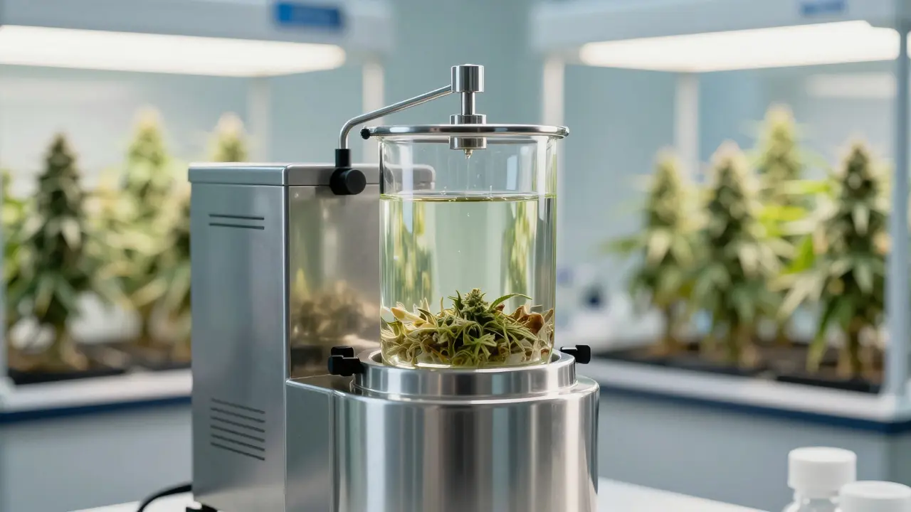 Moderní laboratoř ukazující proces extrakce CBD z konopných rostlin pomocí technologie.