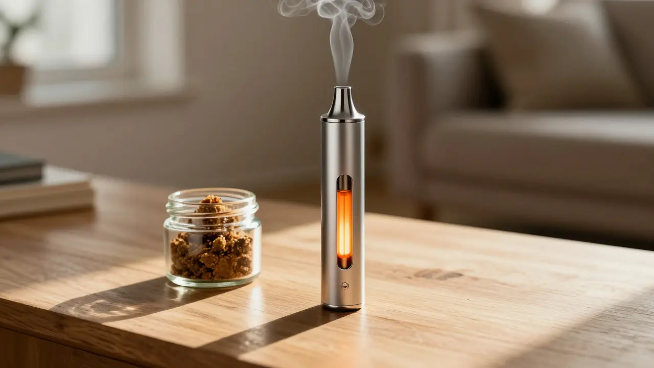 Moderní vaporizér pro CBD krume na dřevěném stole s jemnou mlhou