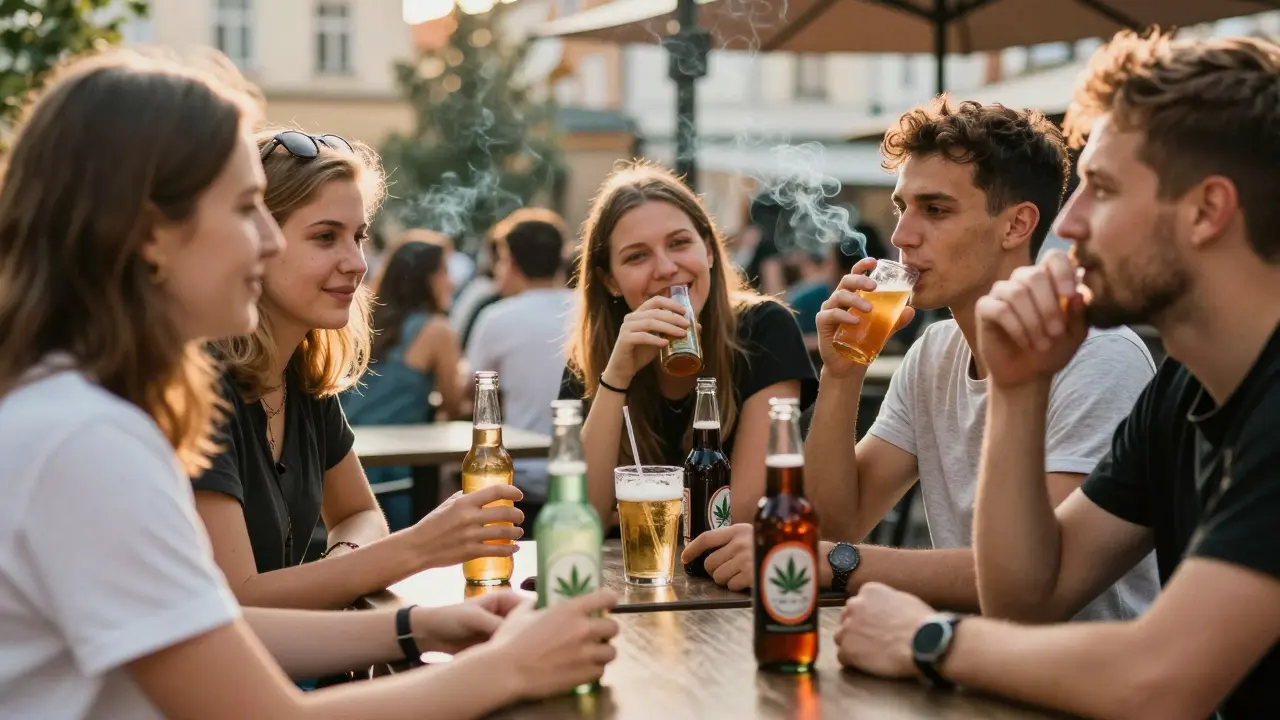 Přátelé pijící konopné nápoje na venkovní kavárně